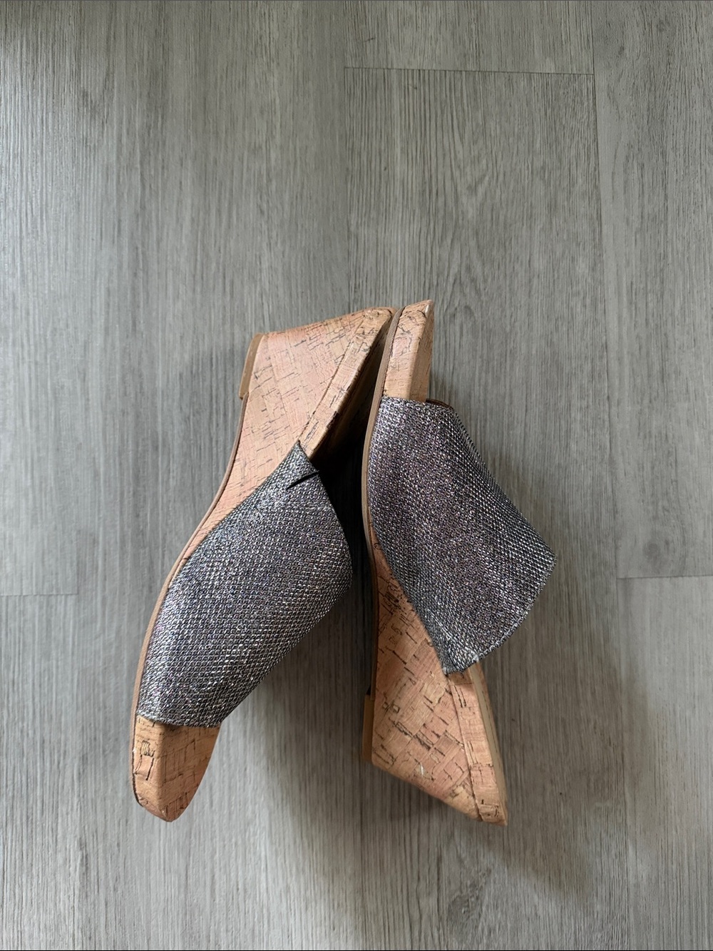 St. John's Bay Metallic Pewter Woven Cork Wedge Mules